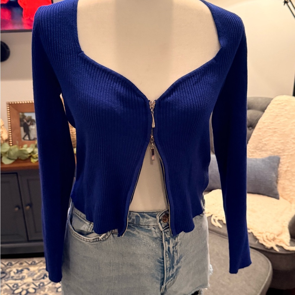 Blue Ribbed Zip-Up Sweater - Picture 3 of 3